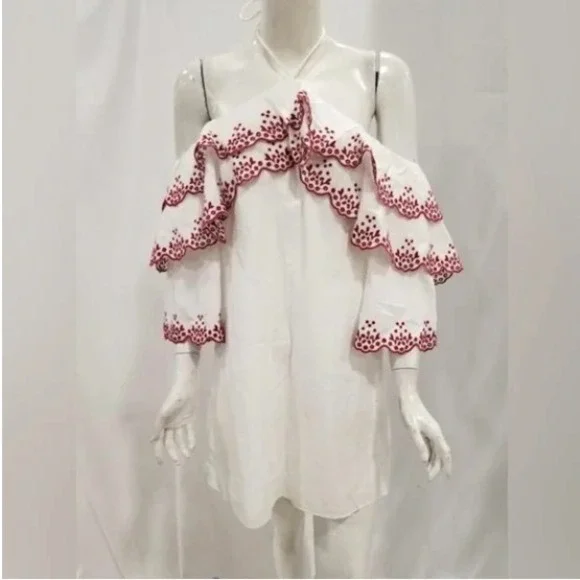 Rebecca Minkoff Dena Heiler Dress Size 4 White Red Off Shoulder Mini Date Night - Picture 1 of 12